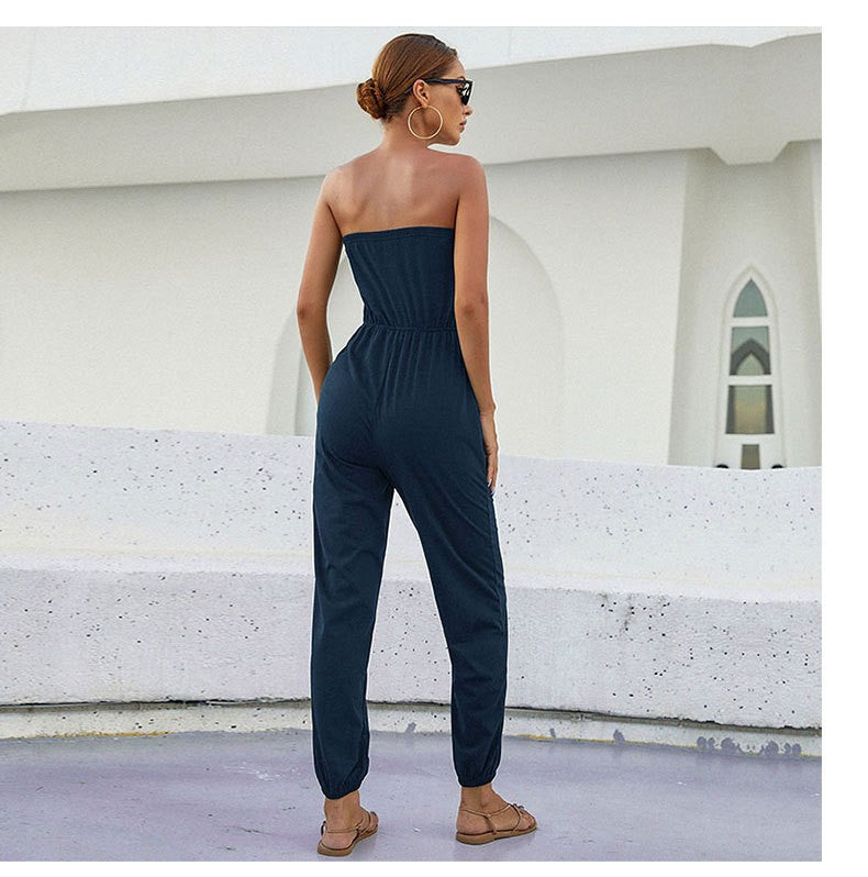 Women's Strapless Drawstring Waist Jumpsuit with Tapered Legs
