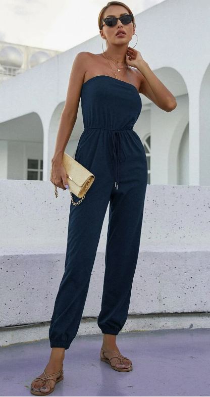 Women's Strapless Drawstring Waist Jumpsuit with Tapered Legs