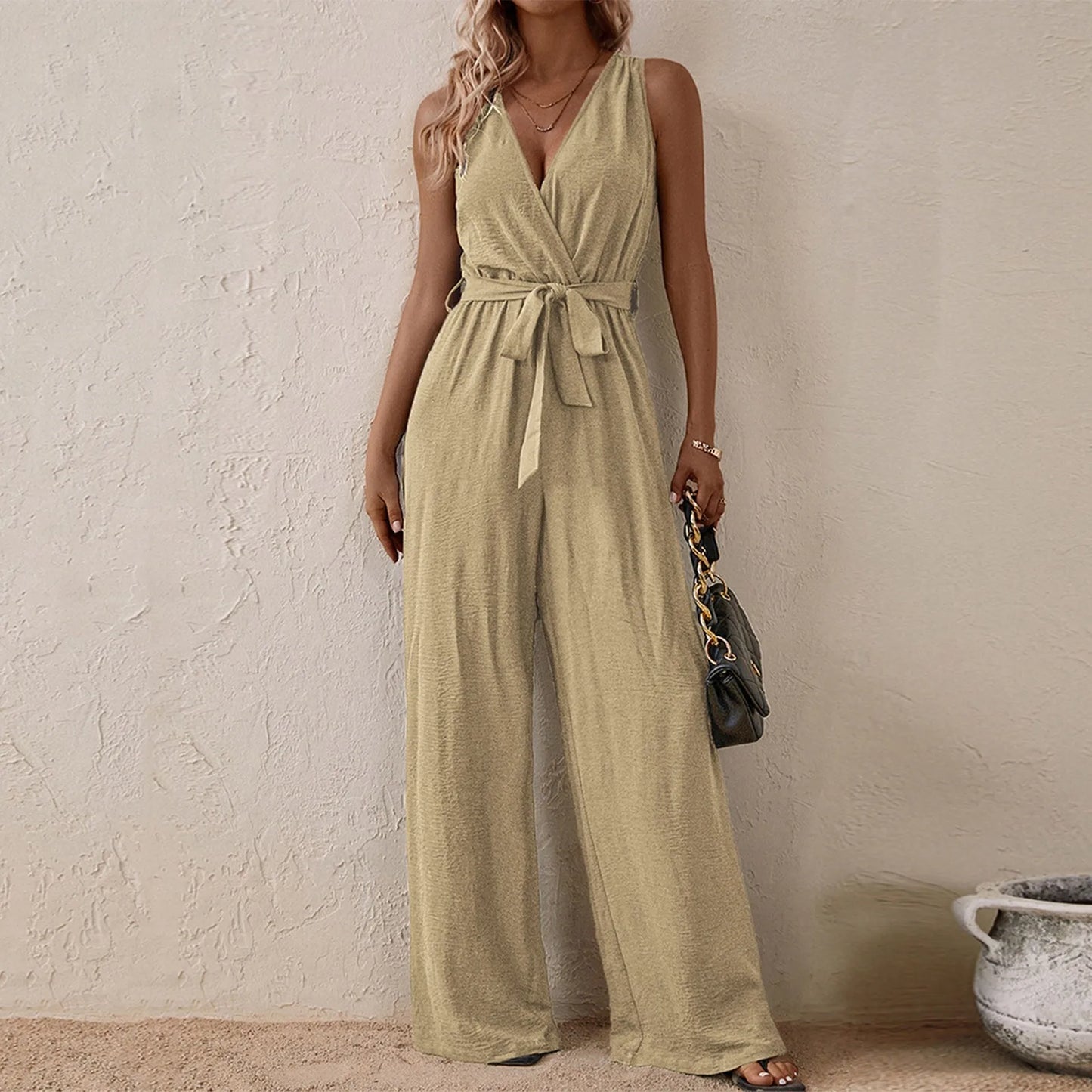 Women's Sleeveless Wide-Leg Jumpsuit with Waist Tie