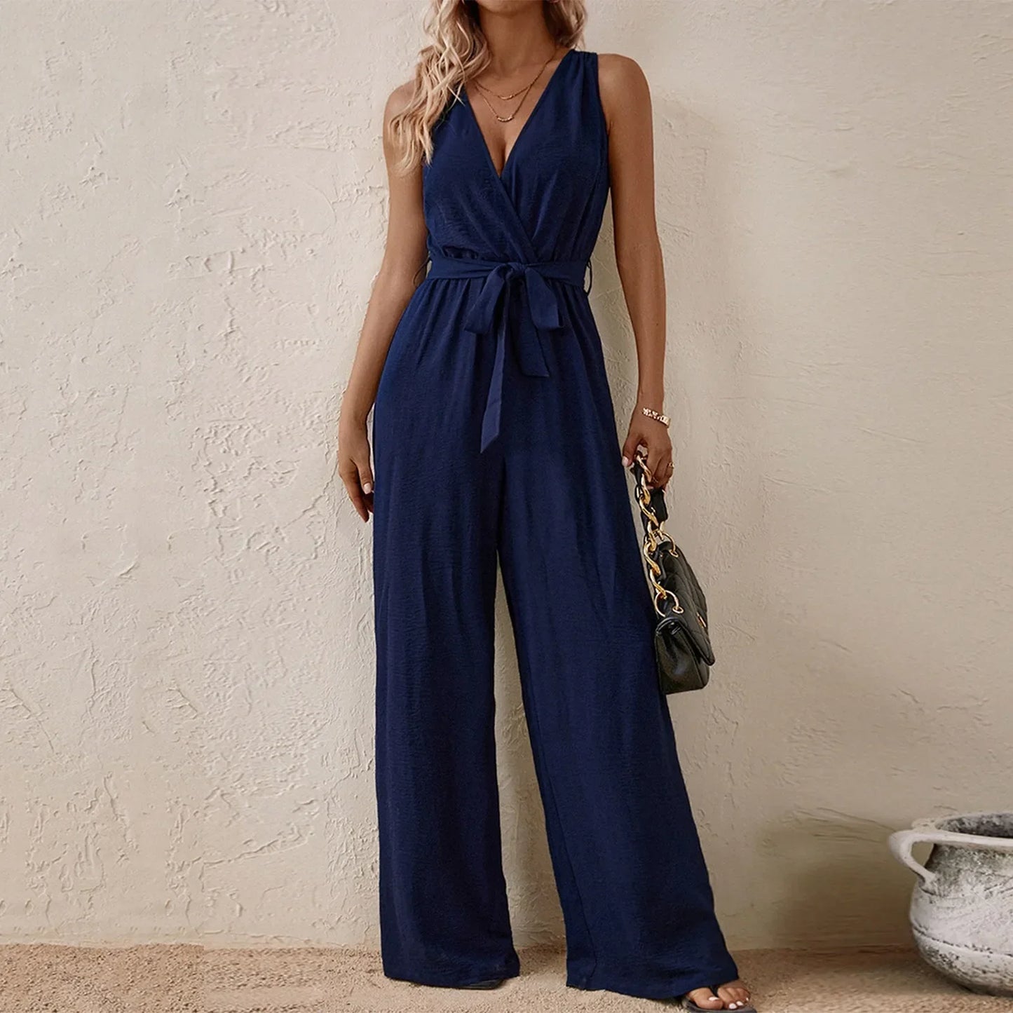 Women's Sleeveless Wide-Leg Jumpsuit with Waist Tie