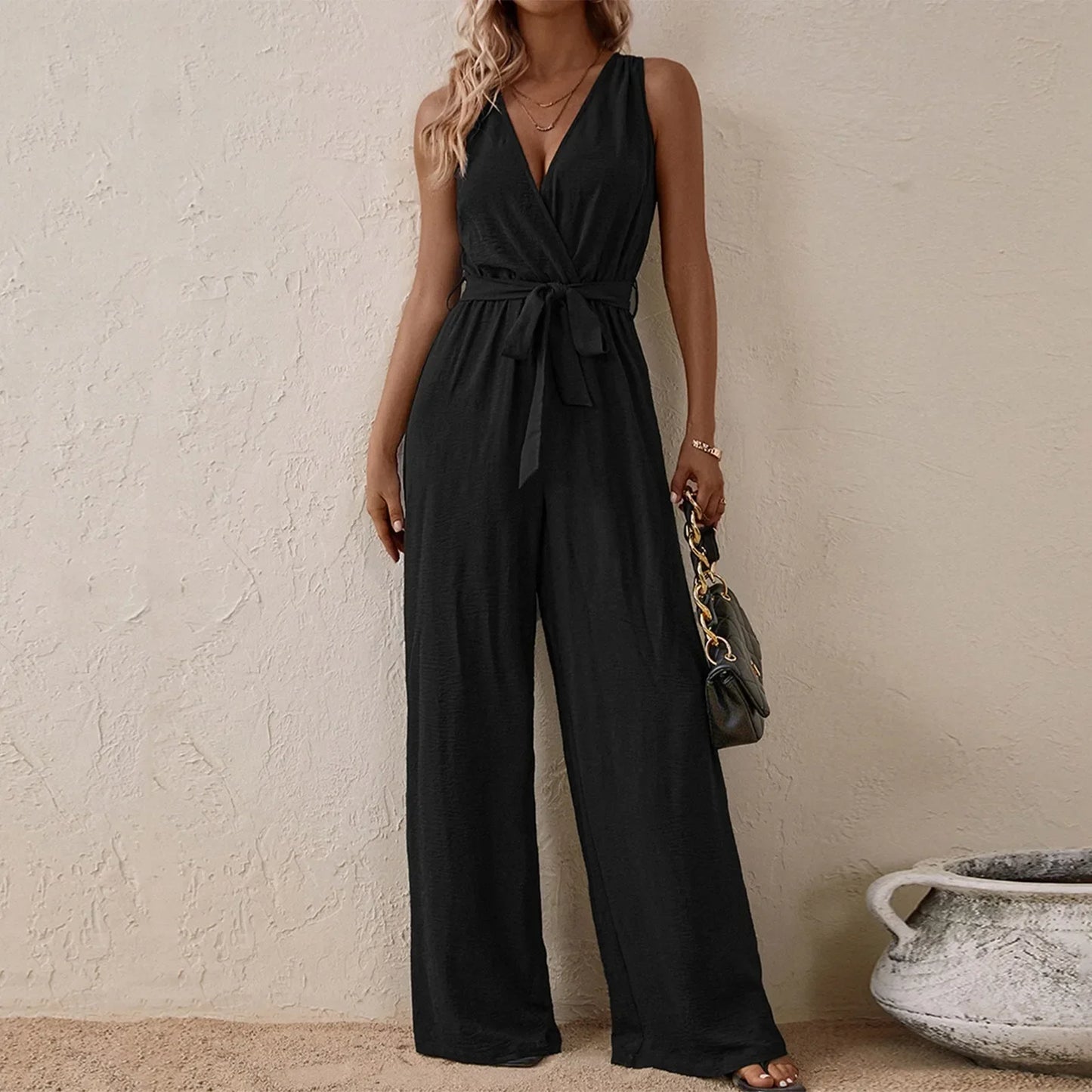 Women's Sleeveless Wide-Leg Jumpsuit with Waist Tie