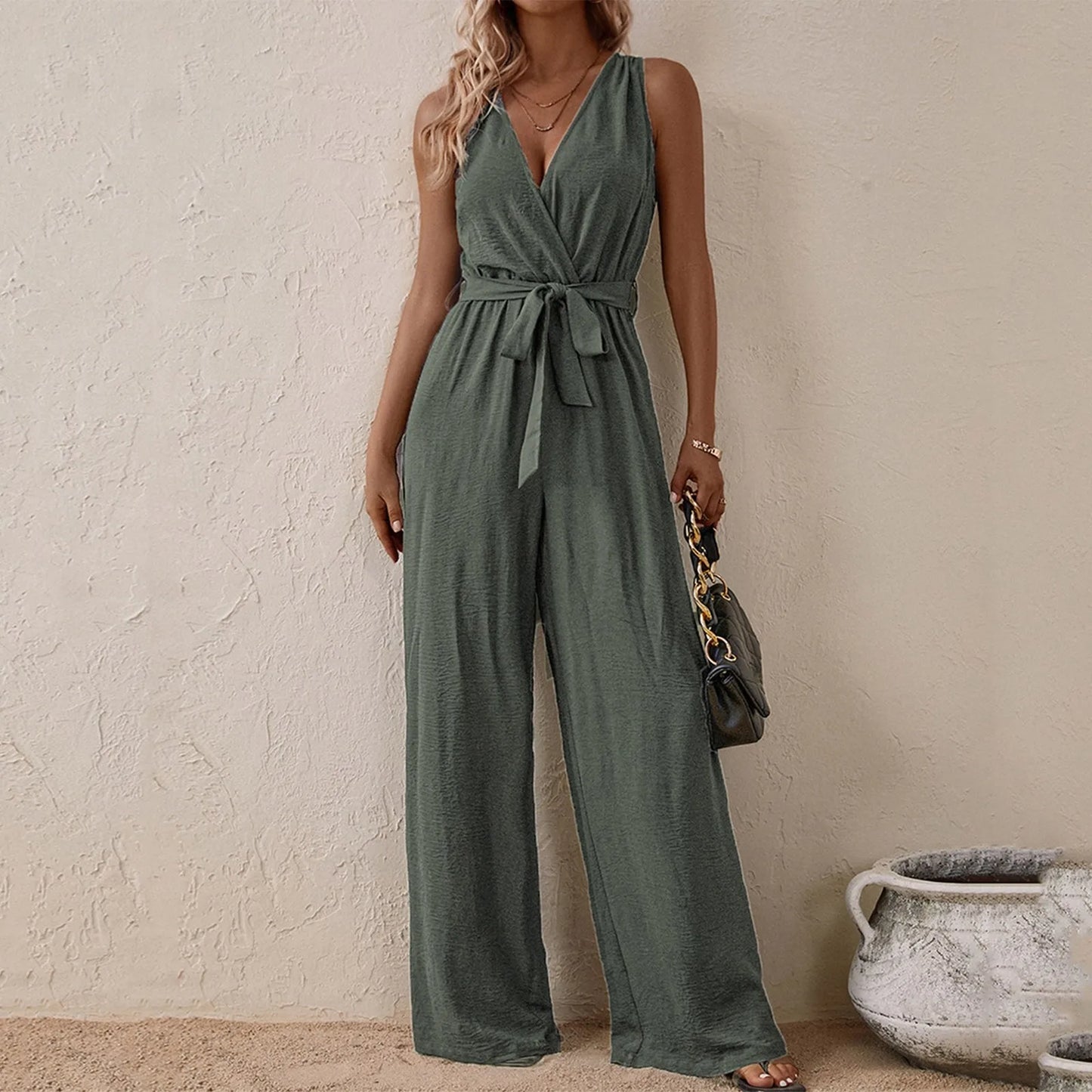 Women's Sleeveless Wide-Leg Jumpsuit with Waist Tie