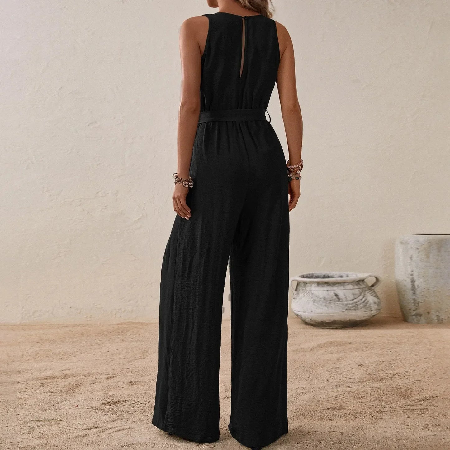 Women's Sleeveless Wide-Leg Jumpsuit with Waist Tie