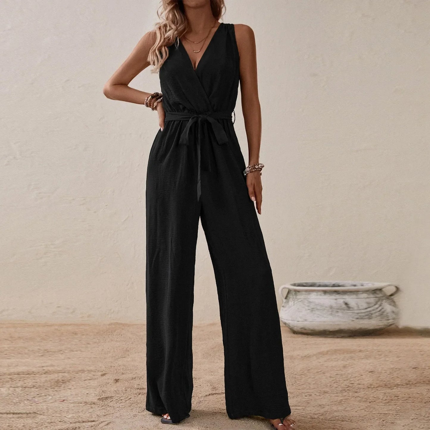 Women's Sleeveless Wide-Leg Jumpsuit with Waist Tie