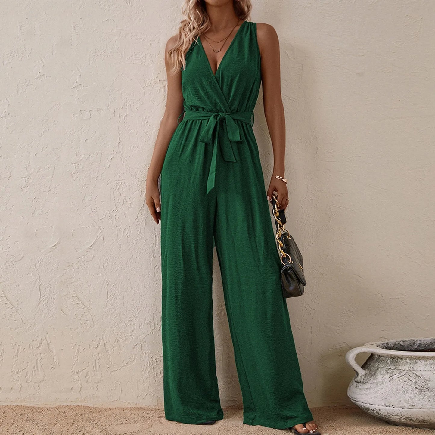 Women's Sleeveless Wide-Leg Jumpsuit with Waist Tie