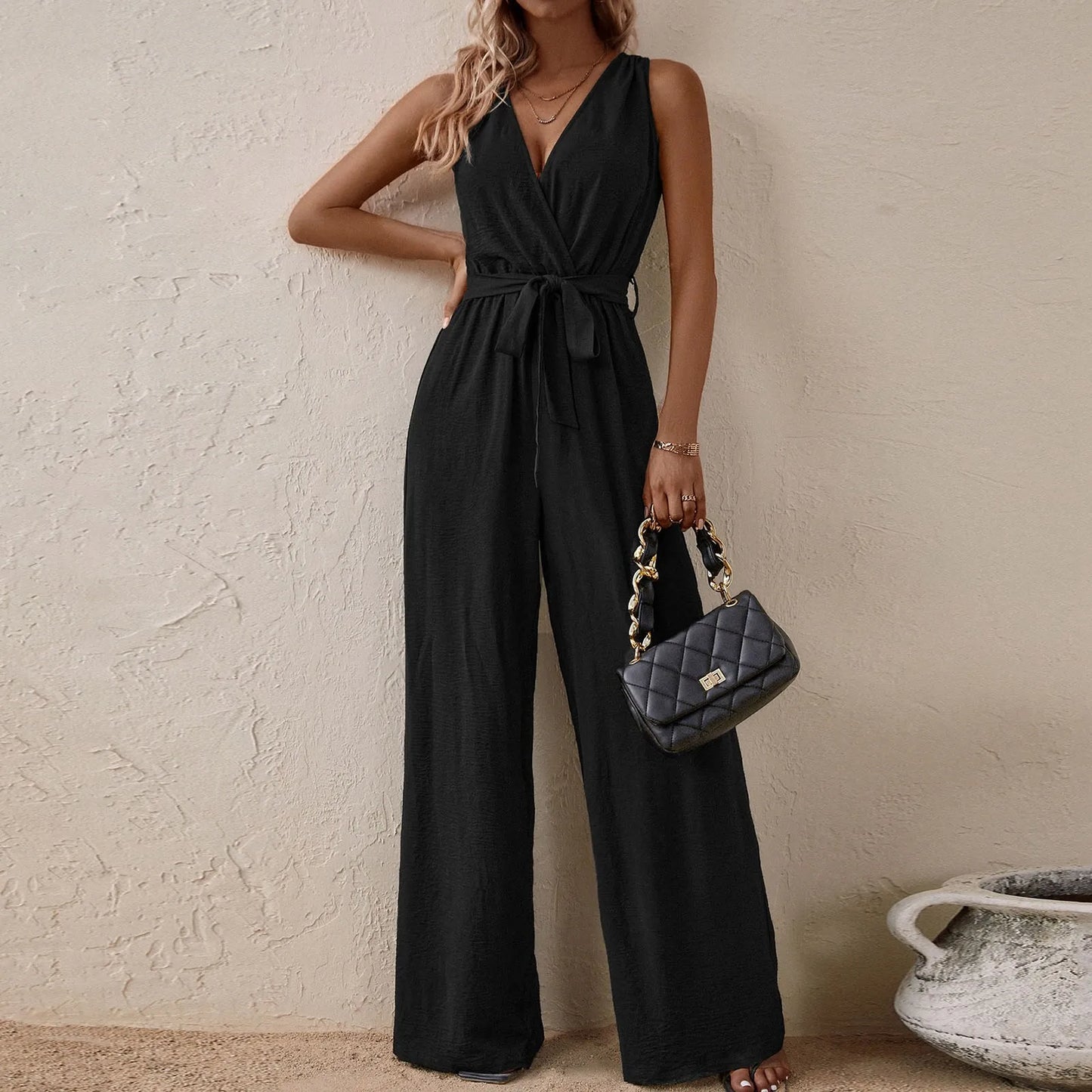 Women's Sleeveless Wide-Leg Jumpsuit with Waist Tie