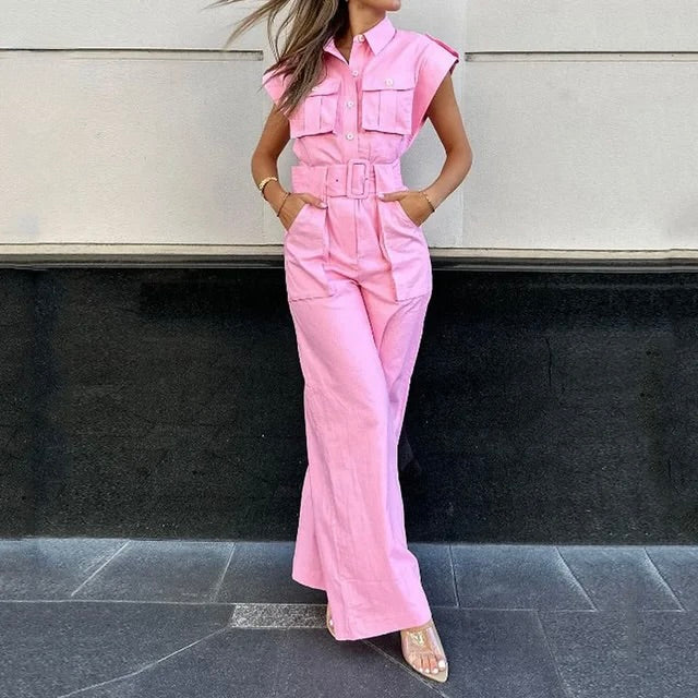 Women's Sleeveless Belted Jumpsuit with Wide Legs and Button Front