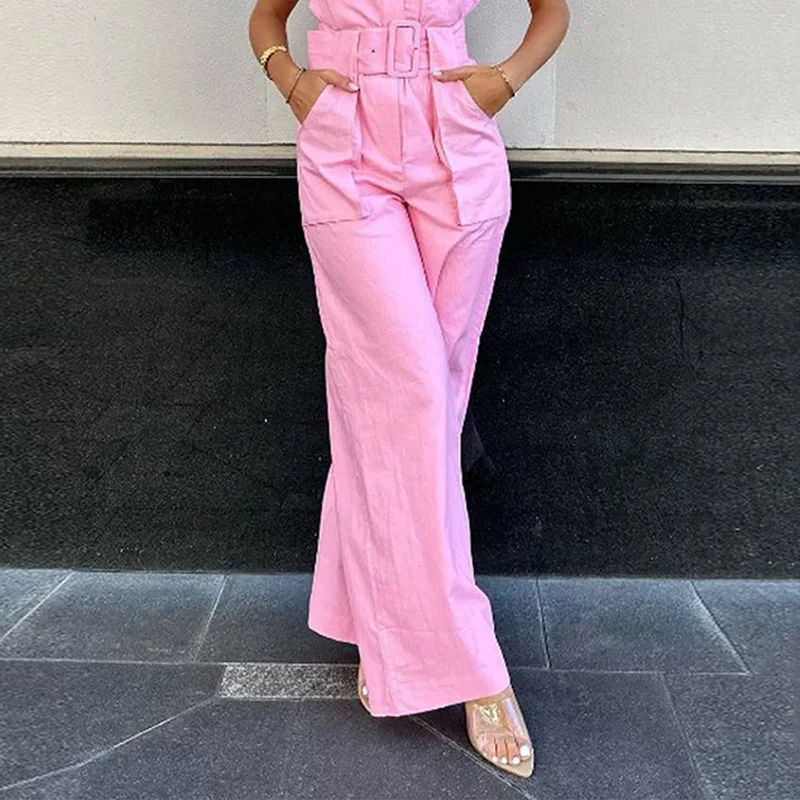Women's Sleeveless Belted Jumpsuit with Wide Legs and Button Front