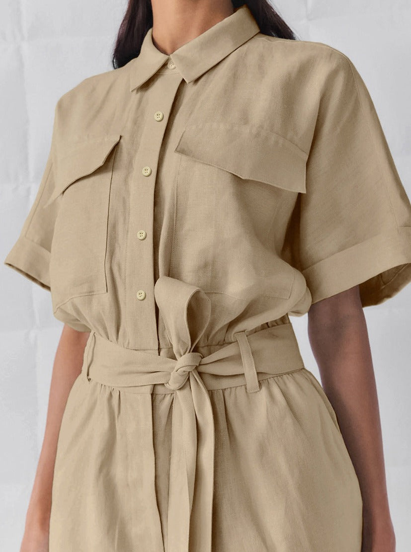 Women's Short Sleeve Belted Button-Up Jumpsuit with Flowy Shorts