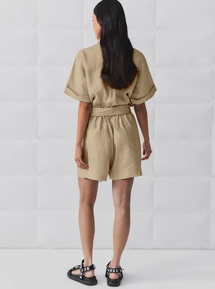 Women's Short Sleeve Belted Button-Up Jumpsuit with Flowy Shorts
