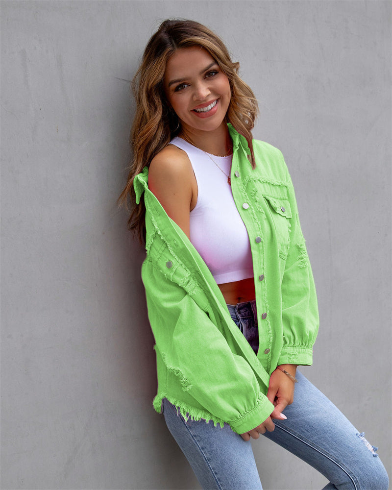 Women's Distressed Button-Up Denim Jacket with Raw Hem Edges