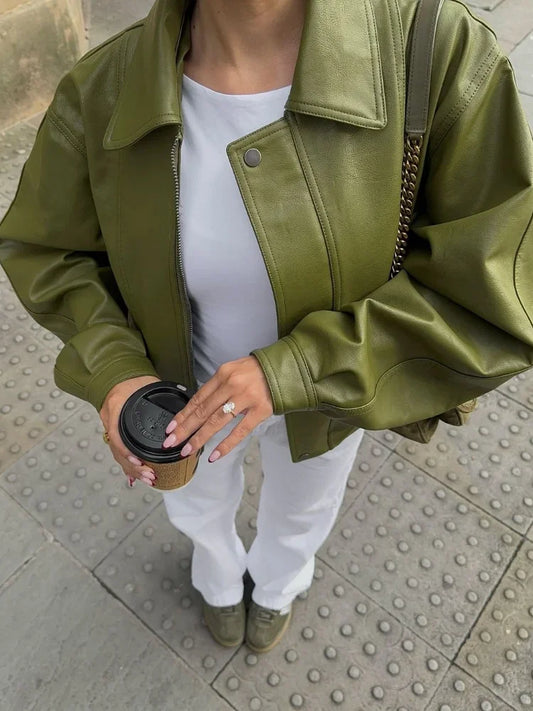 Women's Oversized Jacket with Zip Front and Flap Pockets