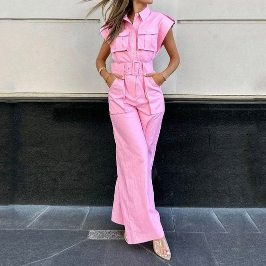Women's Sleeveless Belted Jumpsuit with Wide Legs and Button Front