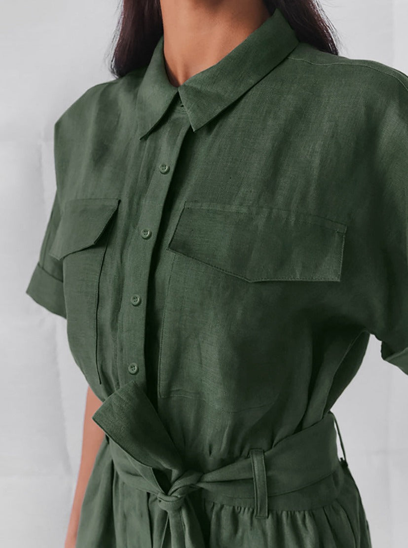 Women's Short Sleeve Belted Button-Up Jumpsuit with Flowy Shorts