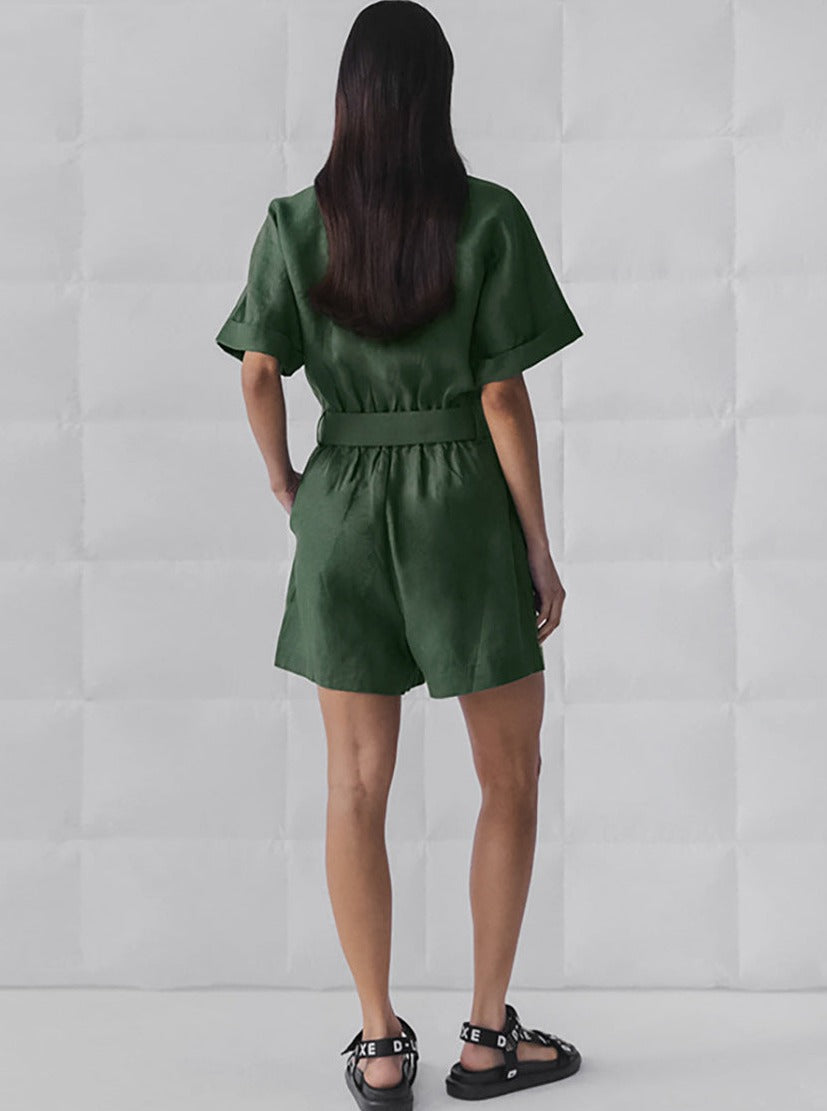 Women's Short Sleeve Belted Button-Up Jumpsuit with Flowy Shorts